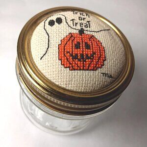 Halloween Handmade Cross Stitch Lid Glass Jar Trick or Treat Ghost Pumpkin 4oz